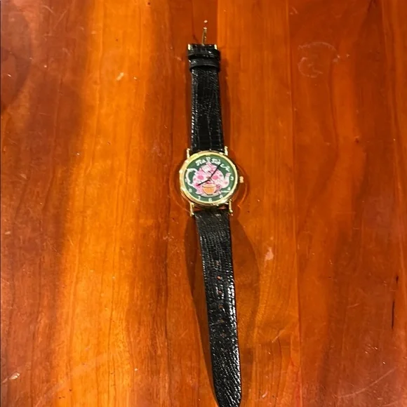 Tea Time Pop Art Tea Pot Watch Genuine Black Leather Strap Watch Gold Accents - Picture 5 of 12